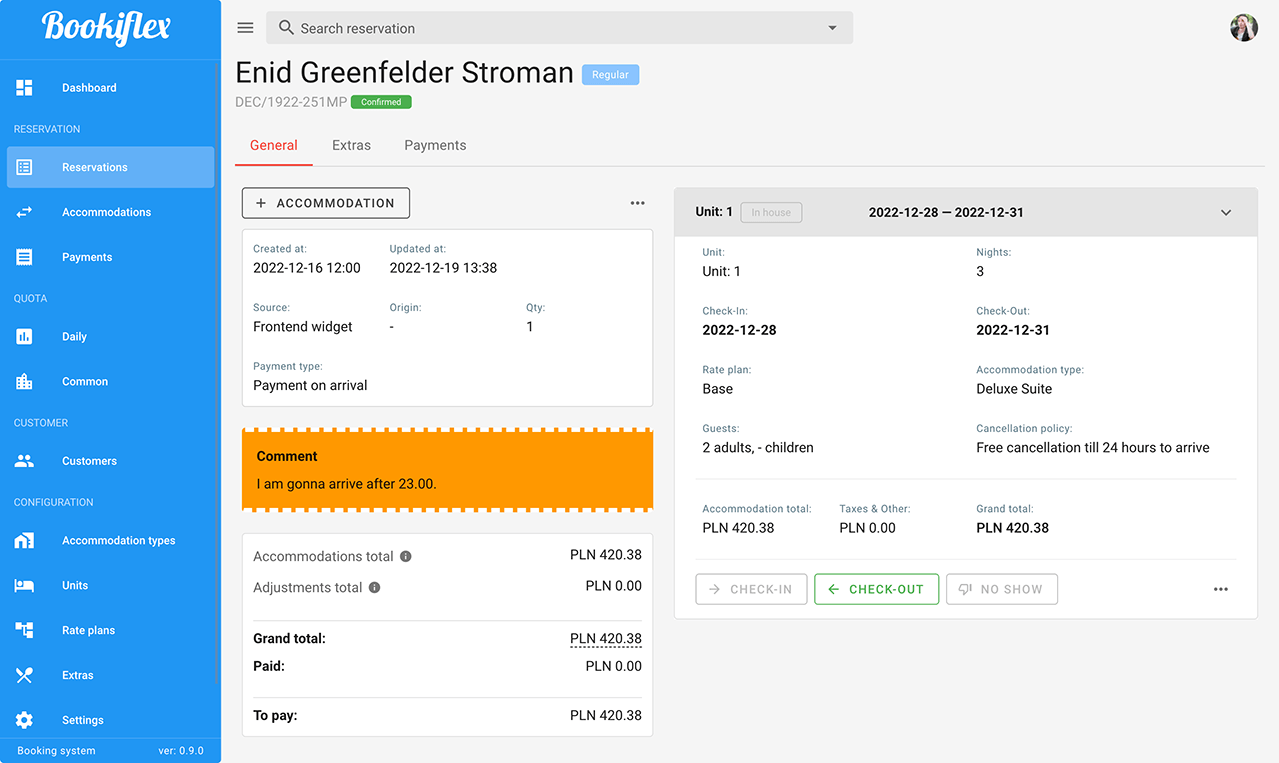 Reservation view of BookiFlex system