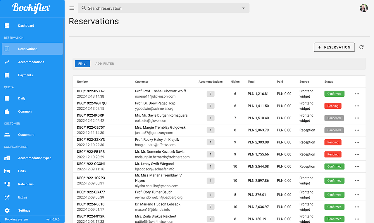 Reservations list of BookiFlex system